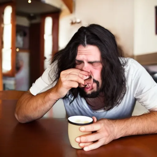 Prompt: man with long dark hair drunk with coffee who is sad because others are not boys