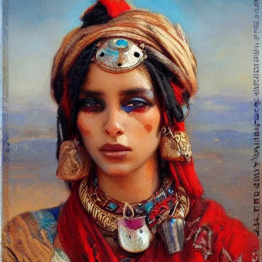 Image similar to tuareg girl in traditional dress, gaston bussiere, tom bagshaw