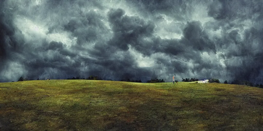 Prompt: school on the hill, walking on a mountain, surreal photography, blue and grey storm clouds, dramatic light, impressionist painting, digital painting, art station, simon starnhager