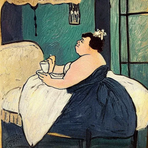 Prompt: a beautiful painting of a beautiful fat woman wearing a nightgown drinking coffee in a bed with white sheets in the style of in the style of Telous Lautrec