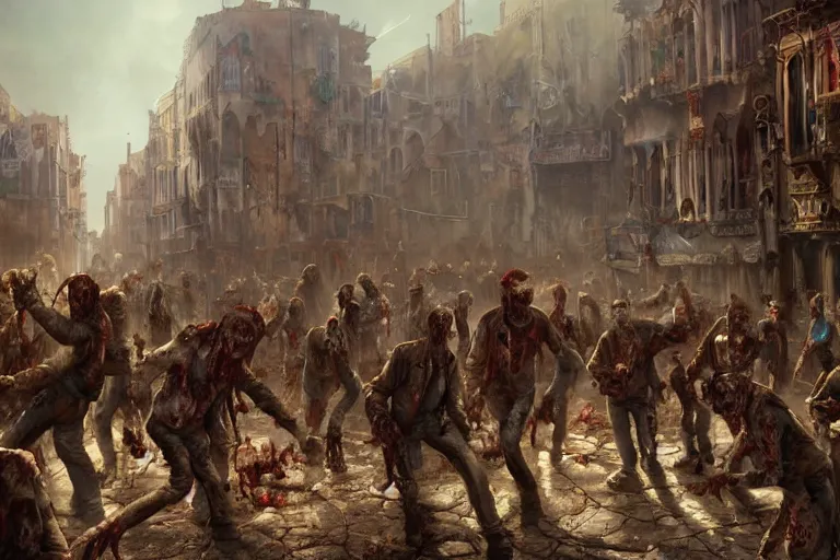 Image similar to Horde of redneck zombies in a steampunk Venice, 3d scene, render, ultra realistic, zenith view, Greg Rutkowski, artstation, cgsociety, unreal engine, ray tracing, detailed illustration, hd, 4k, digital art, overdetailed art, concept art, complementing colors, Trending on artstation, deviantart