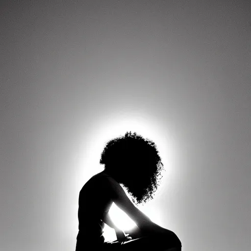 Prompt: curly hair silhouette, award winning black and white photography