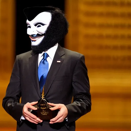 Prompt: man wearing guy fawkes mask accepting award from obama in university hall, photo, cinematic lighting