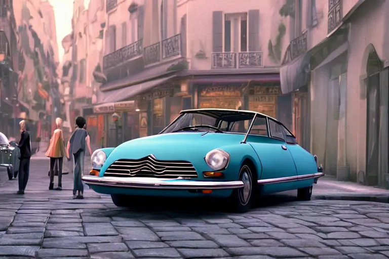 Image similar to a wholesome beautiful animation key shot of!! one!! focused!! 1 9 7 4 citroen ds!! in a paris street, medium wide shot, studio ghibli, ( pixar ) and disney animation, sharp, very detailed, high resolution, rendered in unreal engine 5, anime key art by greg rutkowski, bloom, dramatic lighting