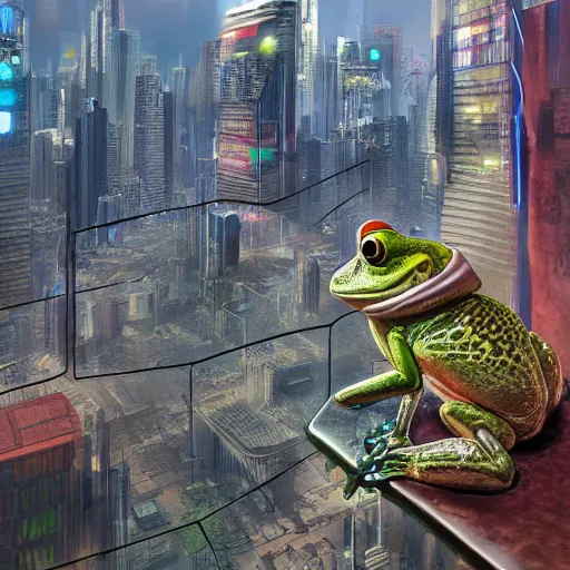 Prompt: frog looking over cyberpunk city, highly detailed, digital painting, hdr, raytracing, art by george warner allen, henry anderton