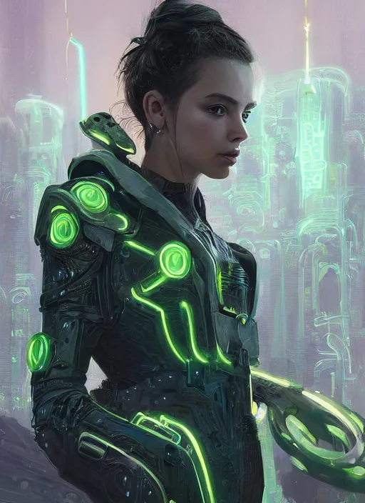 Image similar to a professional portrait of a beautiful young female, clothed in electric neon armor, olive skin, long dark hair, beautiful bone structure, symmetrical facial features, intricate, elegant, digital painting, concept art, smooth, sharp focus, finely detailed, illustration, from Valerian and the City of a Thousand Planets, by Ruan Jia and Mandy Jurgens and Artgerm and William-Adolphe Bouguerea