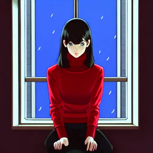 Prompt: a beautiful girl with dark hair, wearing a red turtleneck sweater, sitting in apartment alone, looking out window at city, nighttime, intricate, highly detailed, artstation, official media, anime key visual, mood lighting, sharp focus, illustration, art by Artgerm, Makoto Shinkai, Ilya Kuvshinov, Lois Van Baarle, and Rossdraws