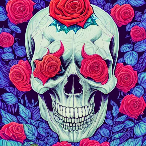 Image similar to large skulls and vivid roses, Jen Bartel, Dan Mumford, Satoshi Kon, gouache illustration