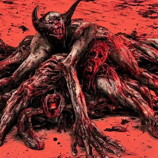 Image similar to demon eating man flesh on a huge pile of dead bloody bodies, rivers of blood running down, black ground, black sky, red sun