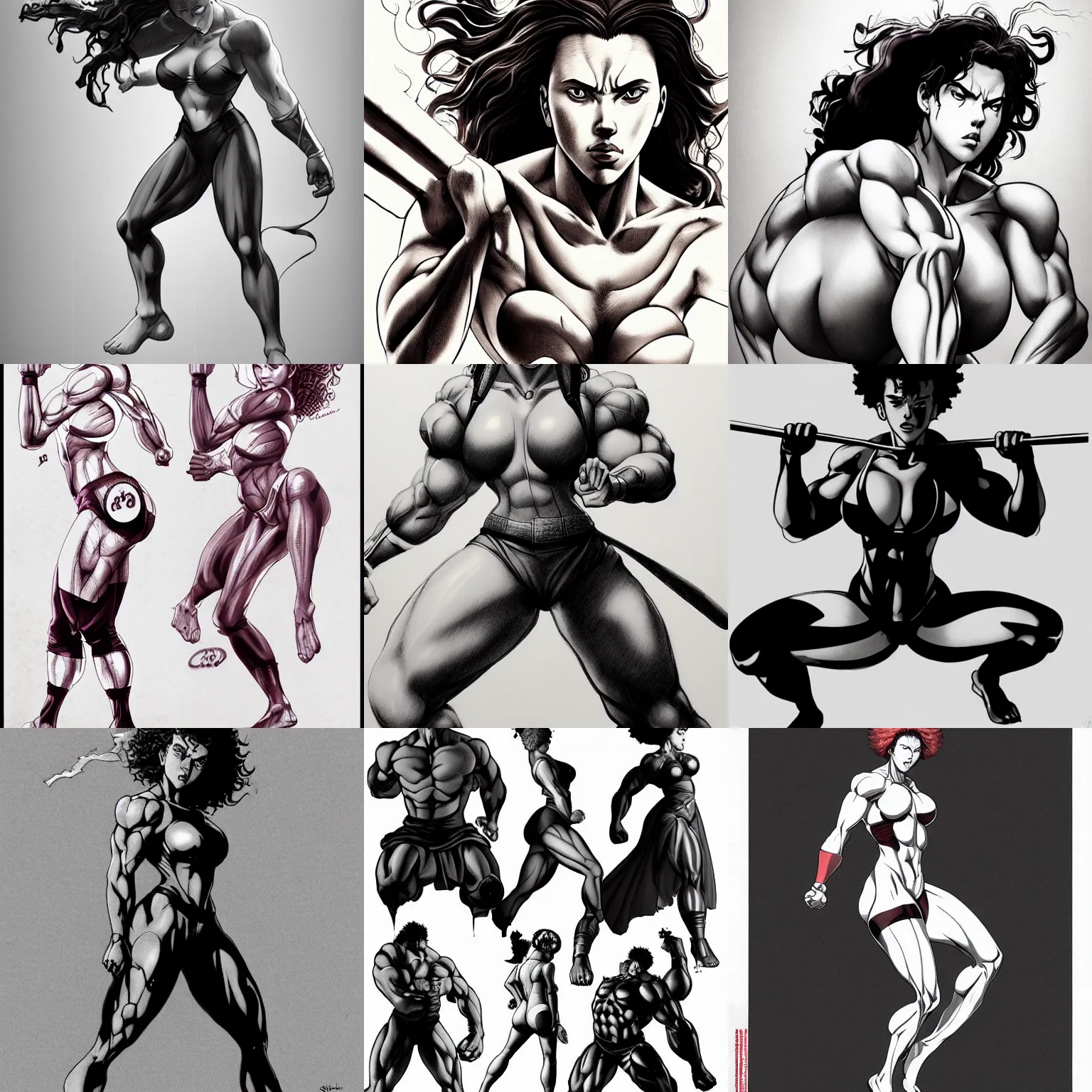 Prompt: most strongest pose, scarlett johansson as baki with perfect symmetrical anatomical proportions, juggernaut, chun li, afro samurai animes style, by greg rutkowski, pencil and ink, dramatic lighting, full body profile pose