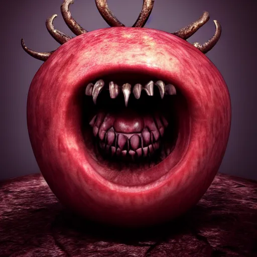 Prompt: An apple with monster teeth and horns, photorealistic, 4k, octane render, dark, scary, mist