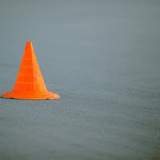 Prompt: a traffic cone left abandoned in the desert sand. award-winning photography.
