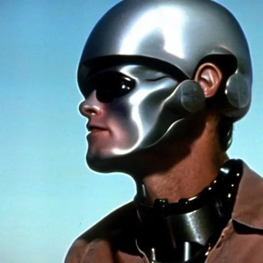 Image similar to still of the terminator ( 1 9 8 4 ) wearing a futuristic helmet with thermal vision, thermal vision