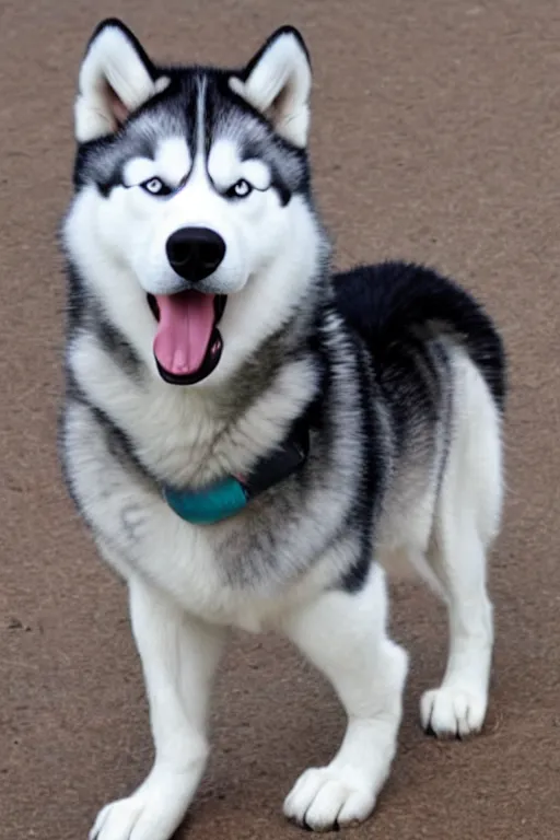 Image similar to a character design of a husky wearing a white vest