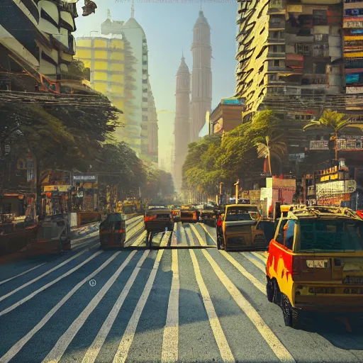 Image similar to mumbai in the future, architecture, urban, cinematic, super realisitc, city streets, golden hour, distopian fantasy artwork made in 2 0 2 0