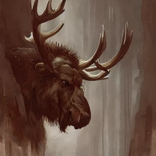 Image similar to hairy barbarian with head of moose by greg rutkowski