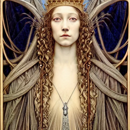 Prompt: detailed realistic beautiful young medieval queen face portrait by jean delville, gustave dore, iris van herpen and marco mazzoni, art nouveau, symbolist, visionary, gothic, pre - raphaelite, horizontal symmetry