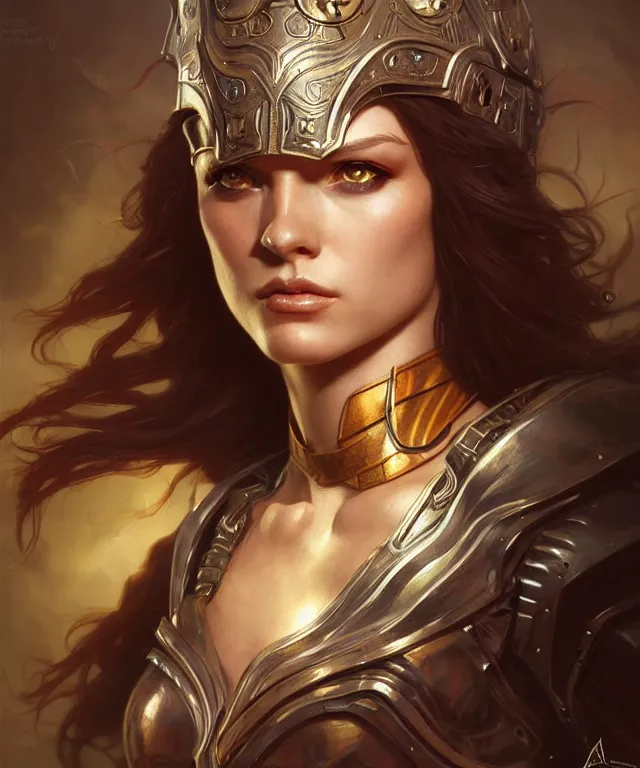 Image similar to Muscular and powerful medieval knight woman portrait, sci-fi, amber eyes, face, long hair, fantasy, intricate, elegant, highly detailed, digital painting, artstation, concept art, smooth, sharp focus, illustration, art by artgerm and greg rutkowski and alphonse mucha