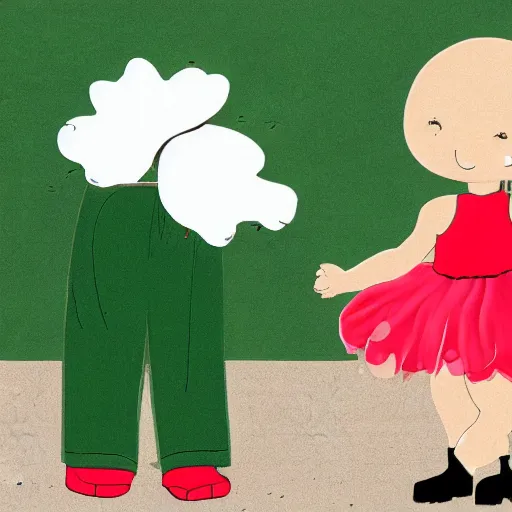 Prompt: an illustration of a baby daikon radish in a tutu walking a dog