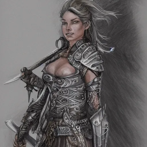 Prompt: a highly detailed drawing of a woman holding a sword, concept art by terese nielsen, by tony diterlizzi, trending on artstation, fantasy art, steampunk, behance hd, reimagined by industrial light and magic, sketchy