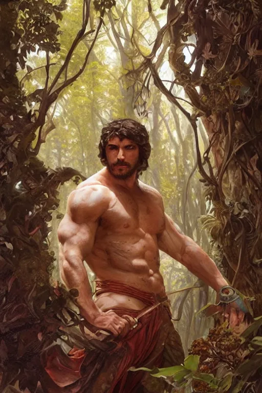 Image similar to portrait of bartelby montclair of dresdin as a herculian man, forest, full body, muscular, fantasy, intricate, elegant, highly detailed, digital painting, artstation, concept art, sharp focus, illustration, art by artgerm and greg rutkowski and alphonse mucha