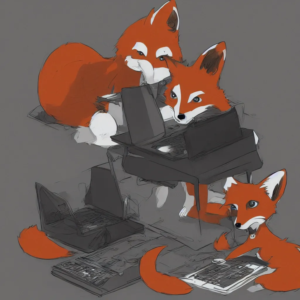 Image similar to an anthropomorphic fox in a hoodie sitting in front of a portable black computer, concept art, digital art, highly detailed, anime, by hayao miyazaki