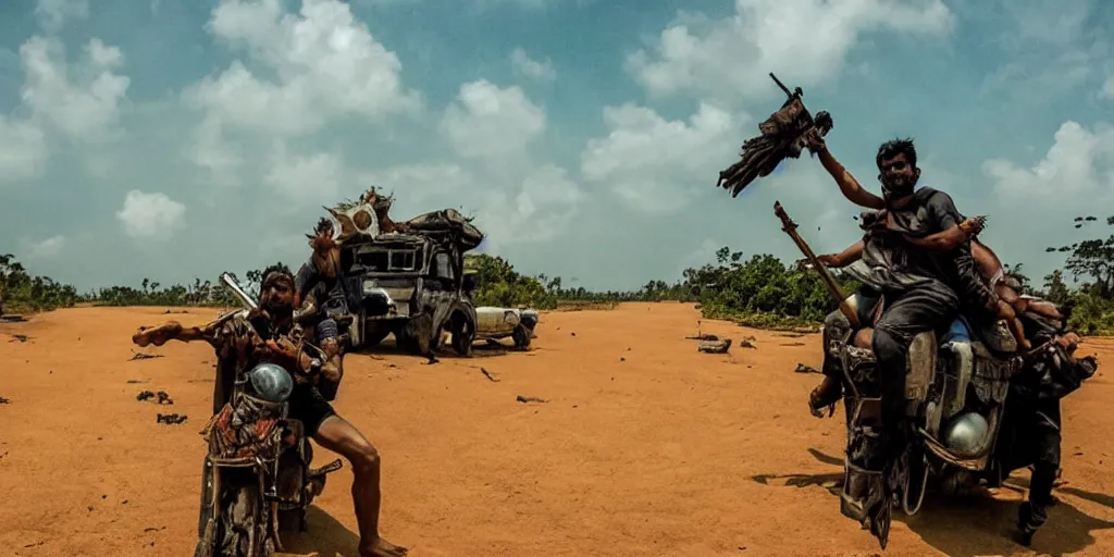 Image similar to sri lankan mad max style, film still, epic shot cinematography, rule of thirds