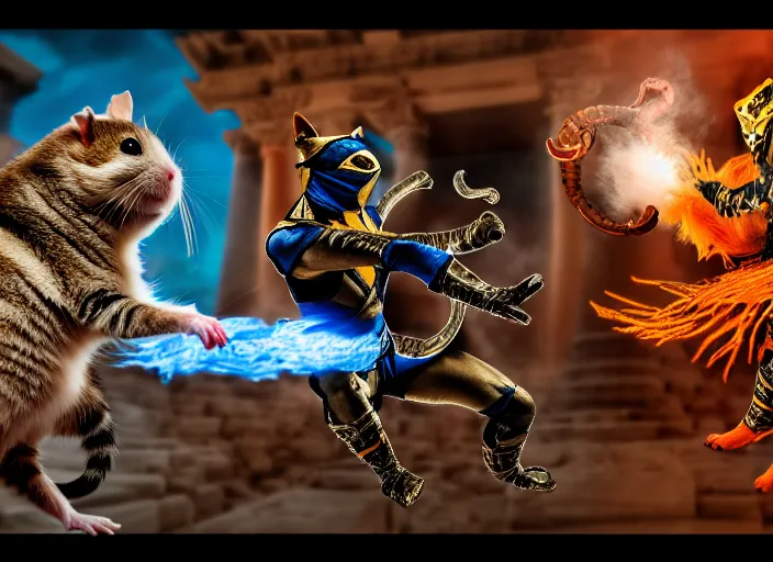 Prompt: hamster dressed as scorpion fights a cat dressed as sub zero in mortal kombat on the background of an ancient temple with a giant shao kahn laughing. fantasy magic style. highly detailed 8 k. intricate. lifelike. soft light. sony a 7 r iv 5 5 mm. cinematic post - processing