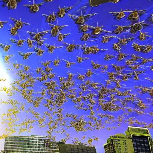 Prompt: beelike entities invading earth, swarms fly through the sky in a modern city, hd, people running away, cosmic