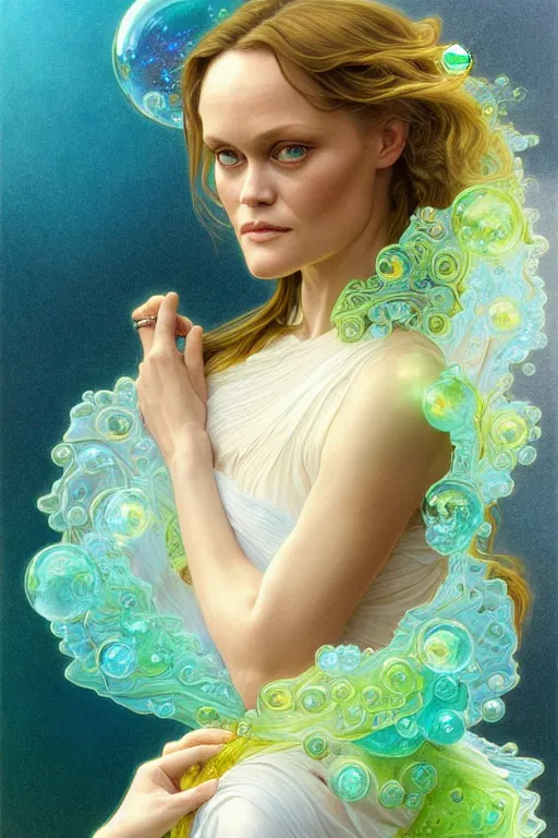 Image similar to portrait of vanessa paradis, fantasy, gradient white blue green, dreamy and ethereal, blue eyes, golden ratio, peaceful expression, ornate frilly dress, fantasy, intricate, elegant, rainbow bubbles, highly detailed, digital painting, artstation, concept art, smooth, b sharp focus, illustration, art by artgerm and greg rutkowski and alphonse mucha