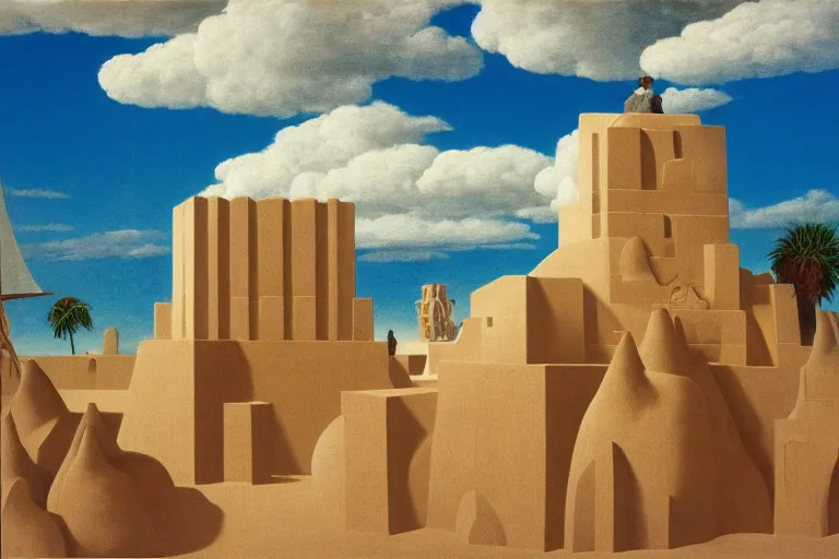 Prompt: a giant sand castle with a small crowd outside on a tropical island, fluffy clouds, blue sky by magritte and de chirico, oil painting, hyper detailed, masterpiece 4 k