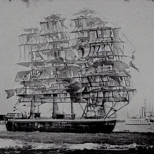 Image similar to an impossibly huge pirate ship that's also a skull. 1910s photograph