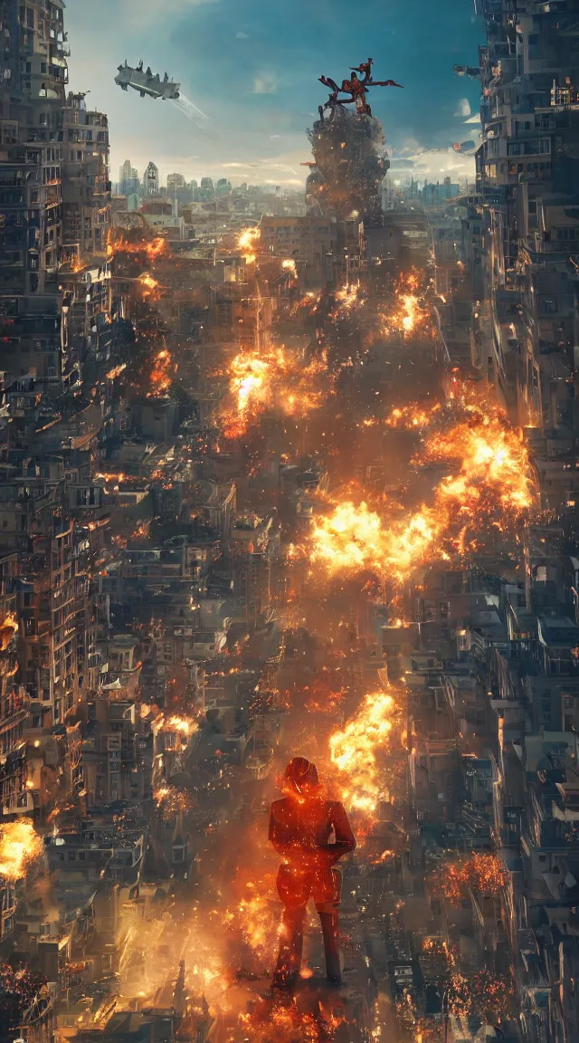 Image similar to hyperrealistic giant toy tin soldier destroying city, stunning, realistic, highly detailed attributes and atmosphere, dim volumetric cinematic lighting, 8 k octane extremely hyper - detailed render, post - processing, masterpiece, sky, art deco buildings, windows, cars, explosion, street view