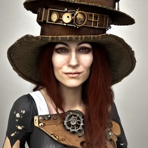 Prompt: a steampunk woman, long hair, aged 4 0, wearing a steampunk hat made of junk, photo realistic, real life, octane render, trending on artstation