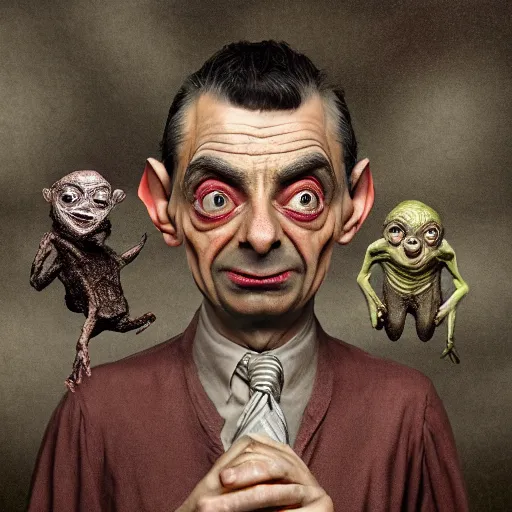 Image similar to Very very very very highly detailed epic central composition photo of Mr Bean as Gollum face, intricate, happy colors, extremely detailed, digital painting, smooth, sharp focus, illustration, intimidating lighting, incredible art by Brooke Shaden, artstation, concept art, Octane render in Maya and Houdini