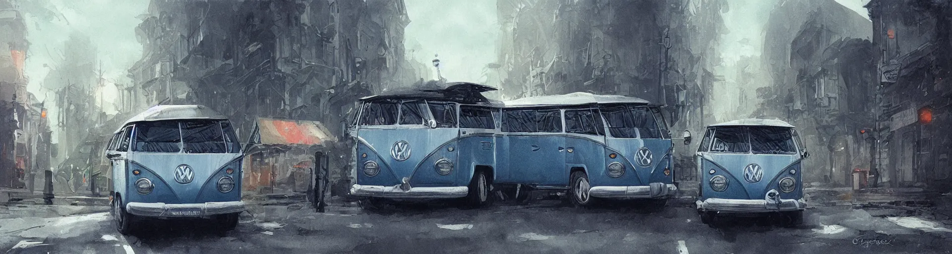 Image similar to vw bus on a street, illustration by greg rutkowski