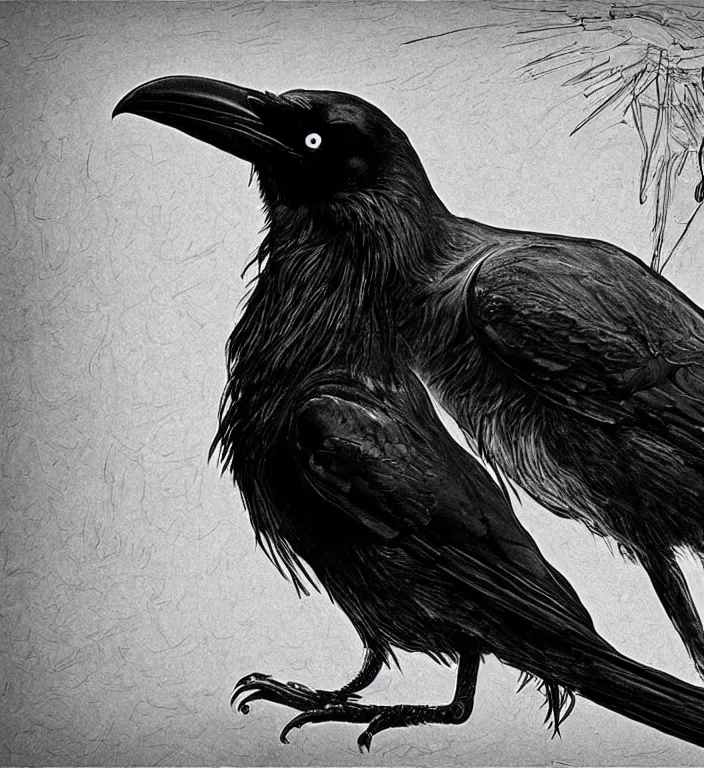 Prompt: raven bird, epic digital art, realistic, extreme detail, by edvard munch of artistic form coming into being as two elements are successfully fused.