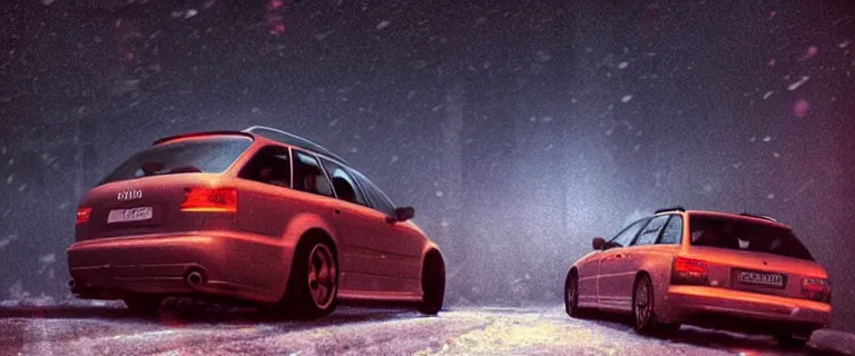 Image similar to Audi A4 B6 Avant (2002), a gritty neo-noir, dramatic bright lighting, cinematic, establishing shot, extremely high detail, photorealistic, cinematic lighting, artstation, by simon stalenhag, Snowy italian road, Alps, At night, Poets of the Fall - Late Goodbye