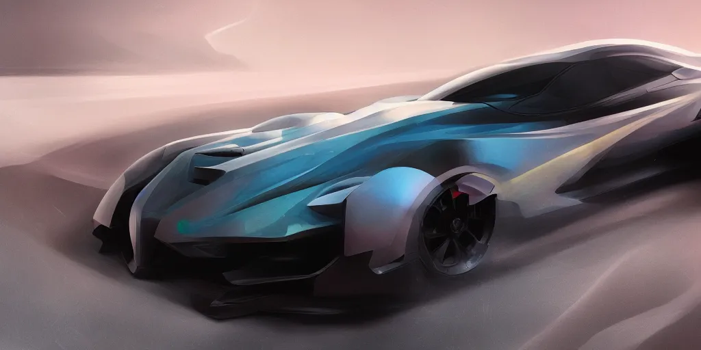 Image similar to full view of a sport car, painted in dark color holographic pearlescent, elegant, digital painting, concept art, smooth, sharp focus, art style from Wang Ke and Greg Rutkowski and Bruce Kaiser and Scott Robertson and Dmitry Mazurkevich and Doruk Erdem and Jon Sibal, small style cue from Mad Max