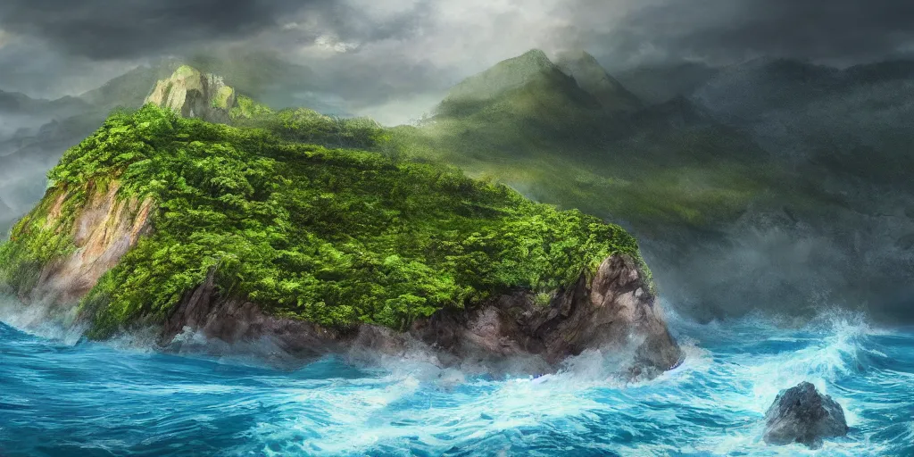 Prompt: concept art, beautiful nature, high mountains higher than clouds with green trees on top, a small wooden bridge connecting two mountains, ocean beneath the mountains with clear blue water, whales showing from the waves, cinematic, 8k, highly detailed