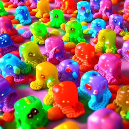 Image similar to an eldritch candy land full of crocheted gummy bears, ultra realistic, artstation, unreal engine, highly detailed, realistic lighting, dynamic shading