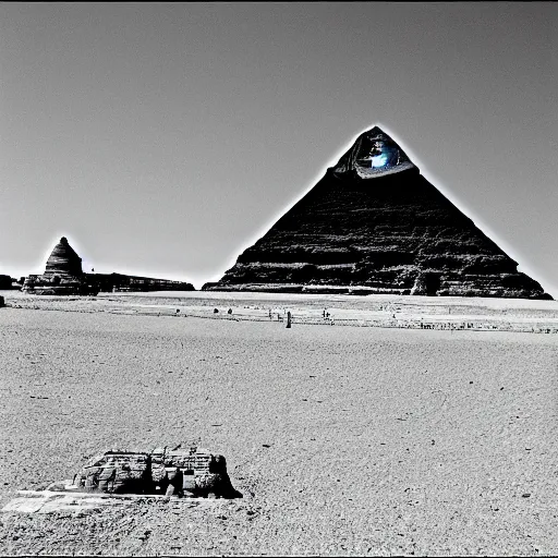 Prompt: ufo over the sphinx, film grain, shaky camera, black and white, award winning photograph,