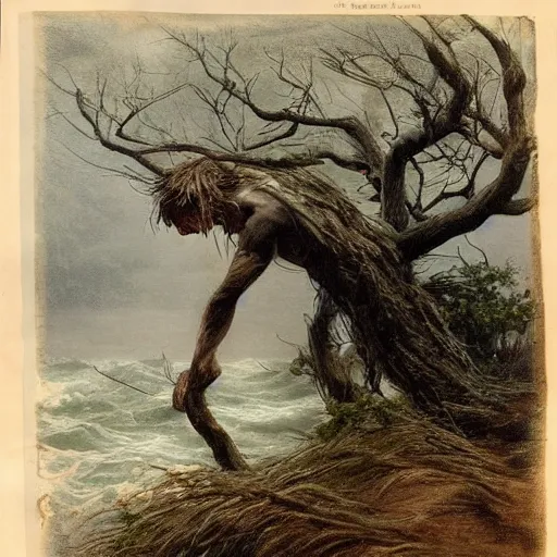 Prompt: The drawing shows a man caught in a storm, buffeted by wind and rain. He clings to a tree for support, but the tree is bent nearly double by the force of the storm. The man's clothing is soaked through and his hair is plastered to his head. His face is contorted with fear and effort. by William Trost Richards natural