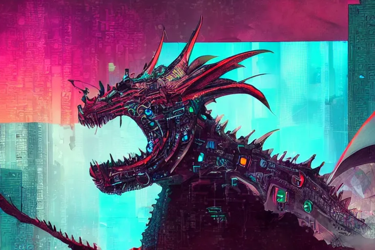 Prompt: a video call from a dragon facing the camera head on. cyberpunk color scheme and theme.