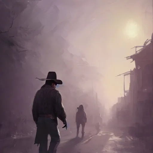 Image similar to portrait of a man with a long duster, grey hair and a cowboy hat walking in an old west town, harsh good looking face, middle aged, drawn by Ruan Jia, disco elysium style, fantasy art, dramatic lighting, digital art, 8k, highly detailed