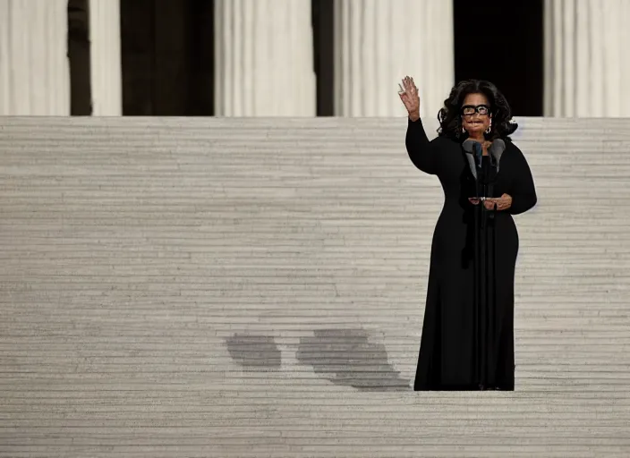 Prompt: oprah winfrey gives inaugural address on the steps of the capitol, 3 5 mm photography, highly detailed, cinematic lighting, standing pose, fully body shot, holding lightsaber 4 k