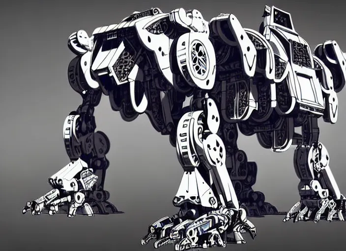 Image similar to very technical and detailed blueprint of a robot tiger, lion mecha, center frame, side view intricate details, ultra - detailed, baroque style, illustration, desaturated, concept art, in the style of zoids, voltron, horizon zero dawn