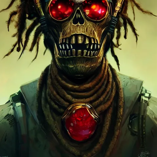 Prompt: a golden skull face monkey warrior with a ruby in his forehead, and dreadlocks, Apex Legends character, digital illustration portrait design, by android jones and greg rutkowski, retrowave color scheme, detailed, cinematic lighting, wide angle action dynamic portrait