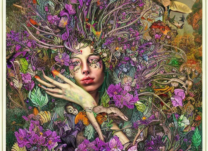 Prompt: a surreal painting of a beautiful divine creature with a lot of wild flowers and plants on its head, surrounded by toxic mushrooms, poster art by android jones and h. r. giger, behance contest winner, generative line art, made of flowers, grotesque, surreal, concert poster
