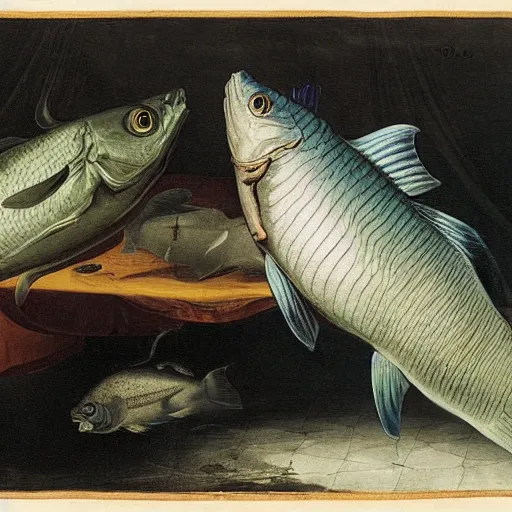 Image similar to two fishes talking to eachother in deep sea, art by pieter claesz